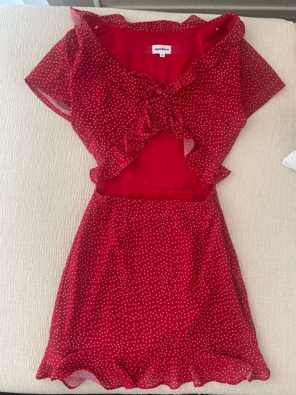 Red Polka Dot Tie-Front Women’s Dress with Ruffle Trim